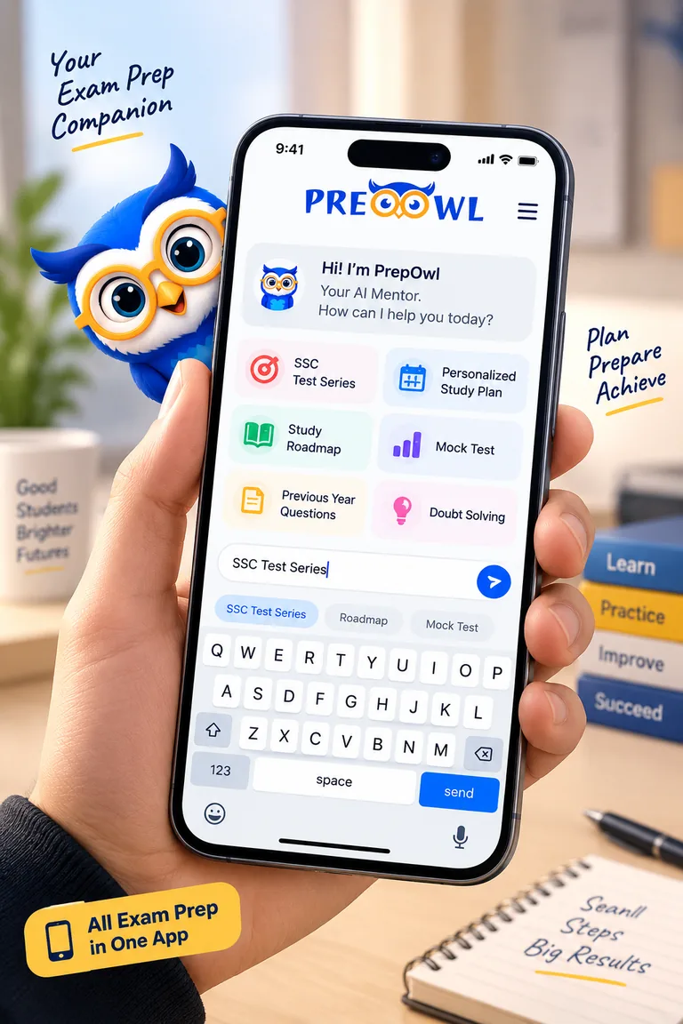 The PrepOwl app open on a phone, showing the AI mentor and shortcuts to test series, study plan, roadmap and mock tests