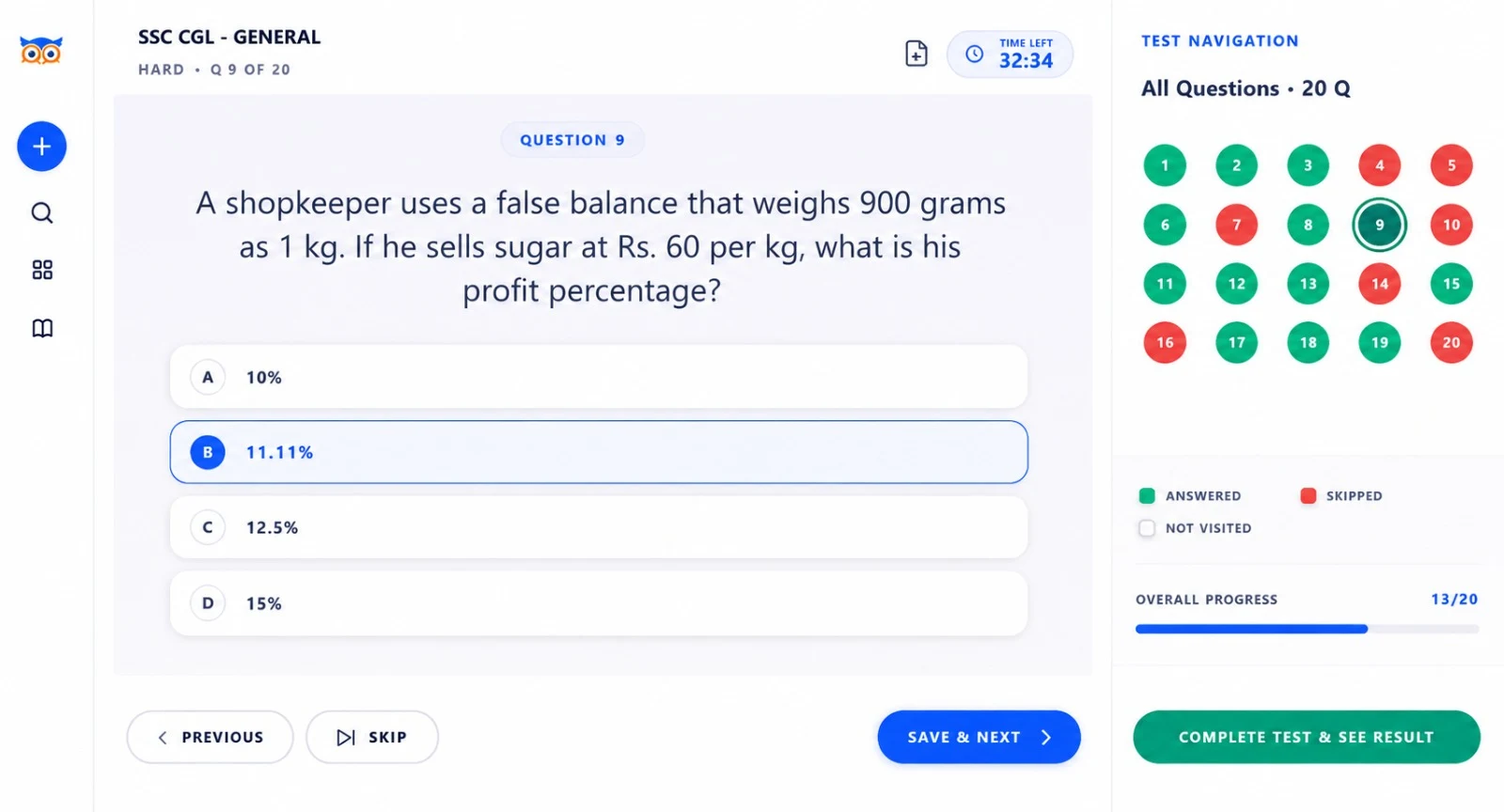 A live SSC CGL mock test showing question 9 of 20, a countdown timer, and a colour-coded question palette tracking answered and skipped questions.