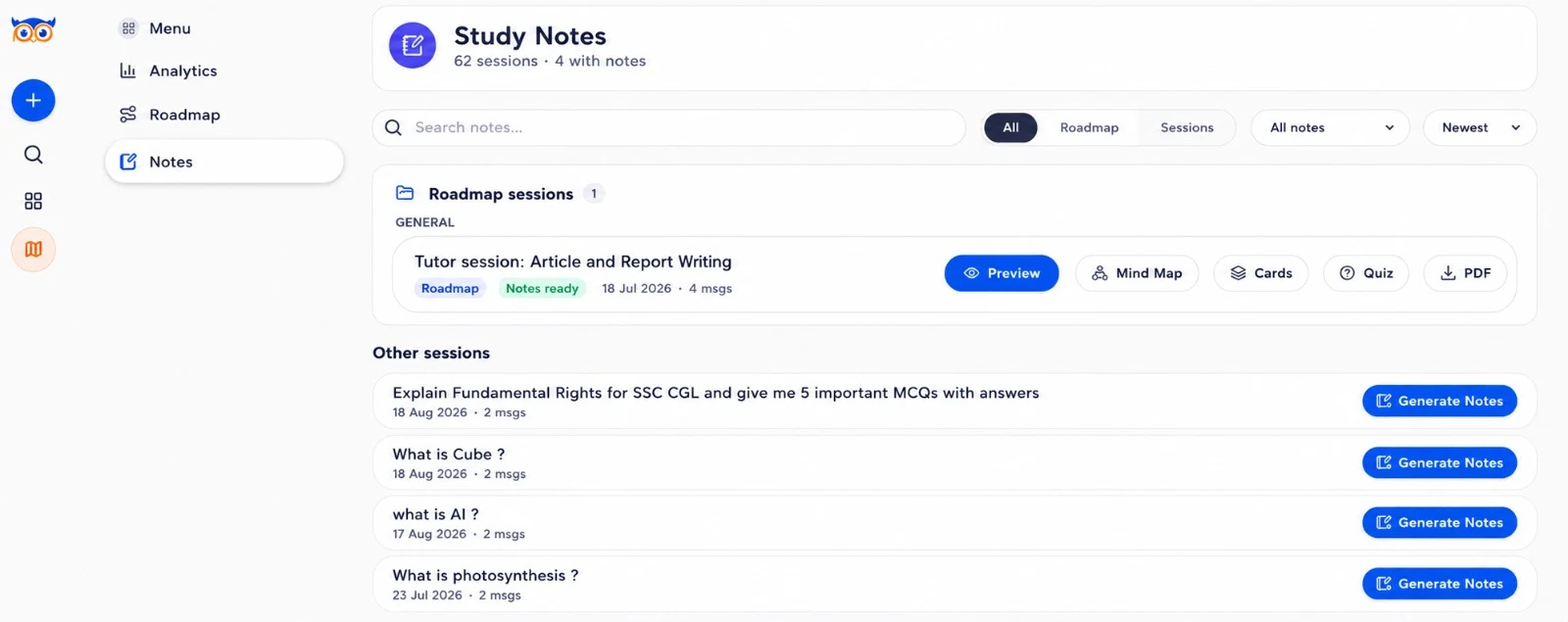 A study-notes library listing past sessions, each offering preview, mind map, flashcards, quiz and PDF options.