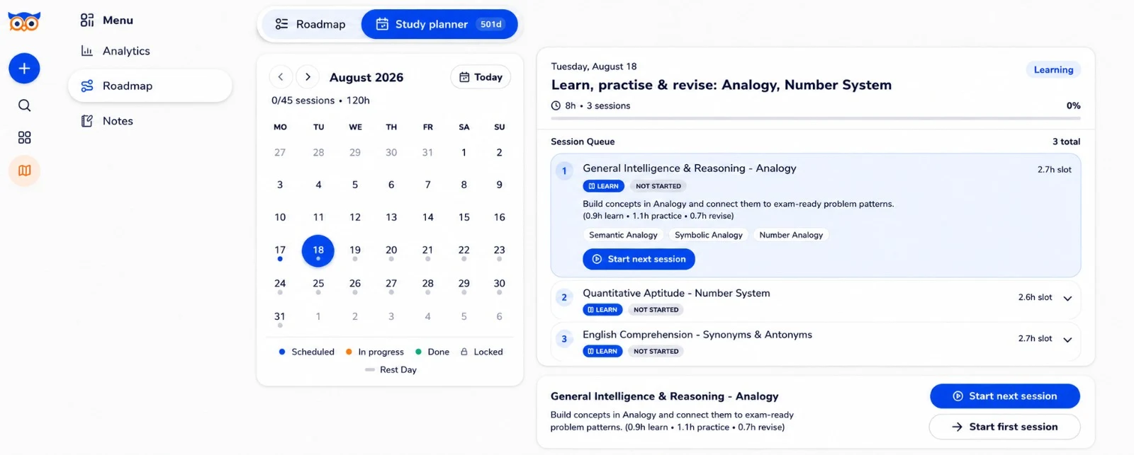 A study planner showing a monthly calendar beside one day’s session queue, with three scheduled sessions and their learn, practise and revise time split.